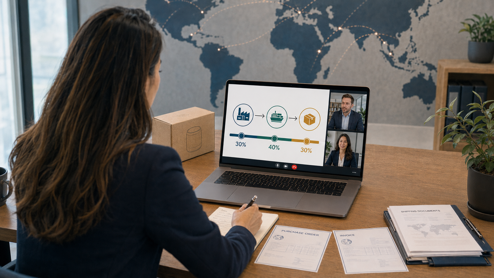 Two business professionals reviewing international payment terms for a cross-border transaction involving goods or services