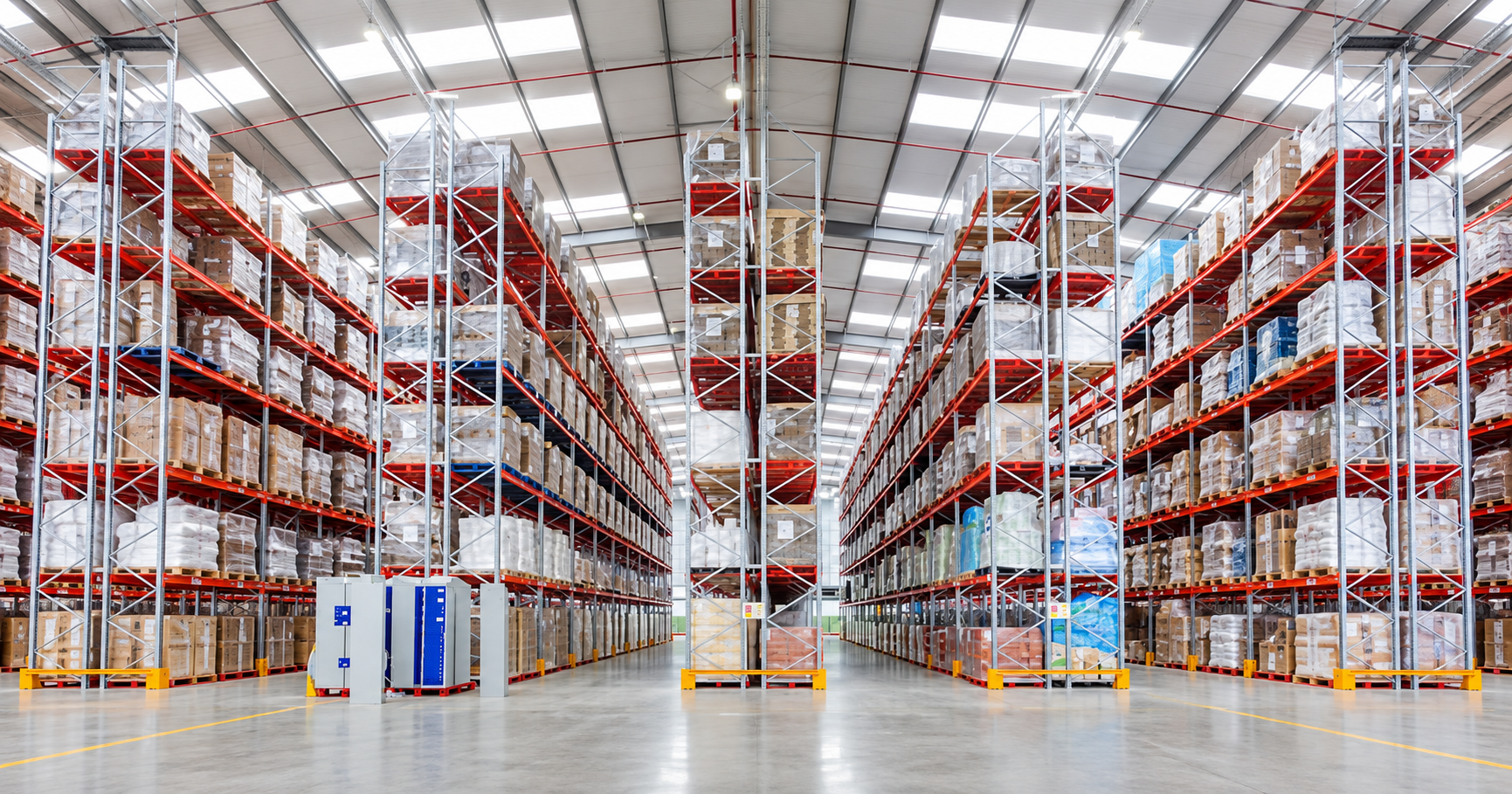 Tall red and white pallet racking lining a warehouse aisle, stacked with shrink-wrapped pallets and cartons