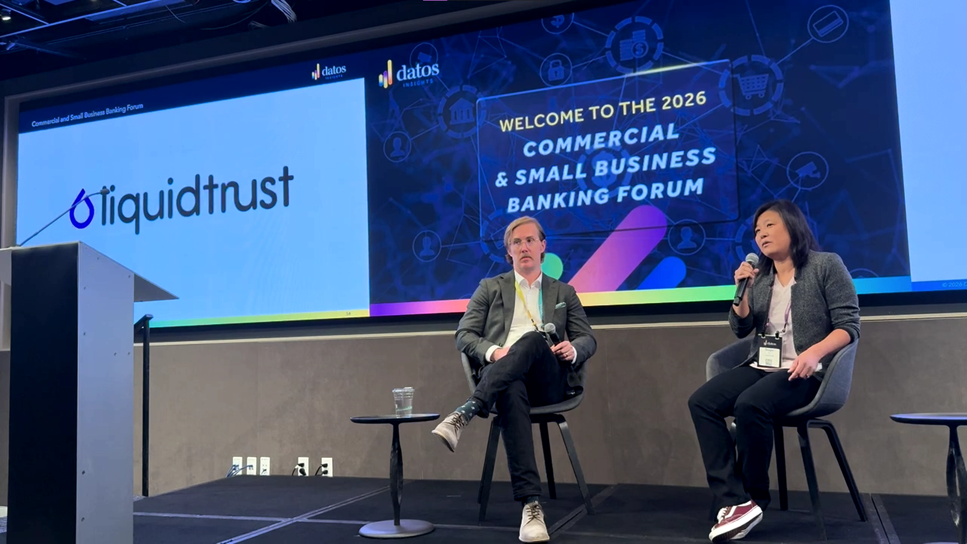 Saujin Yi, Founder and CEO of LiquidTrust™, speaking on stage at the 2026 Datos Insights Commercial and Small Business Banking Forum in New York